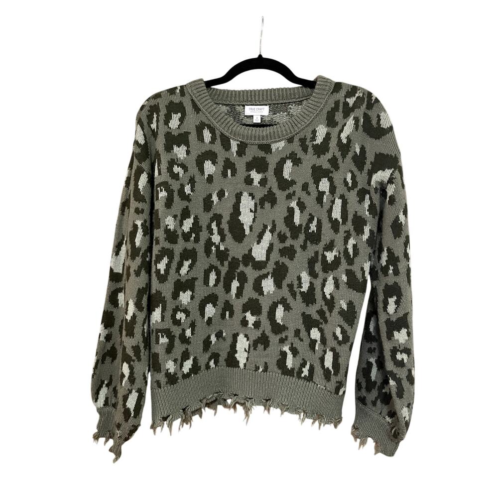 True Craft Womens Olive Green Leopard Print Distressed Frayed Hem Sweater Medium